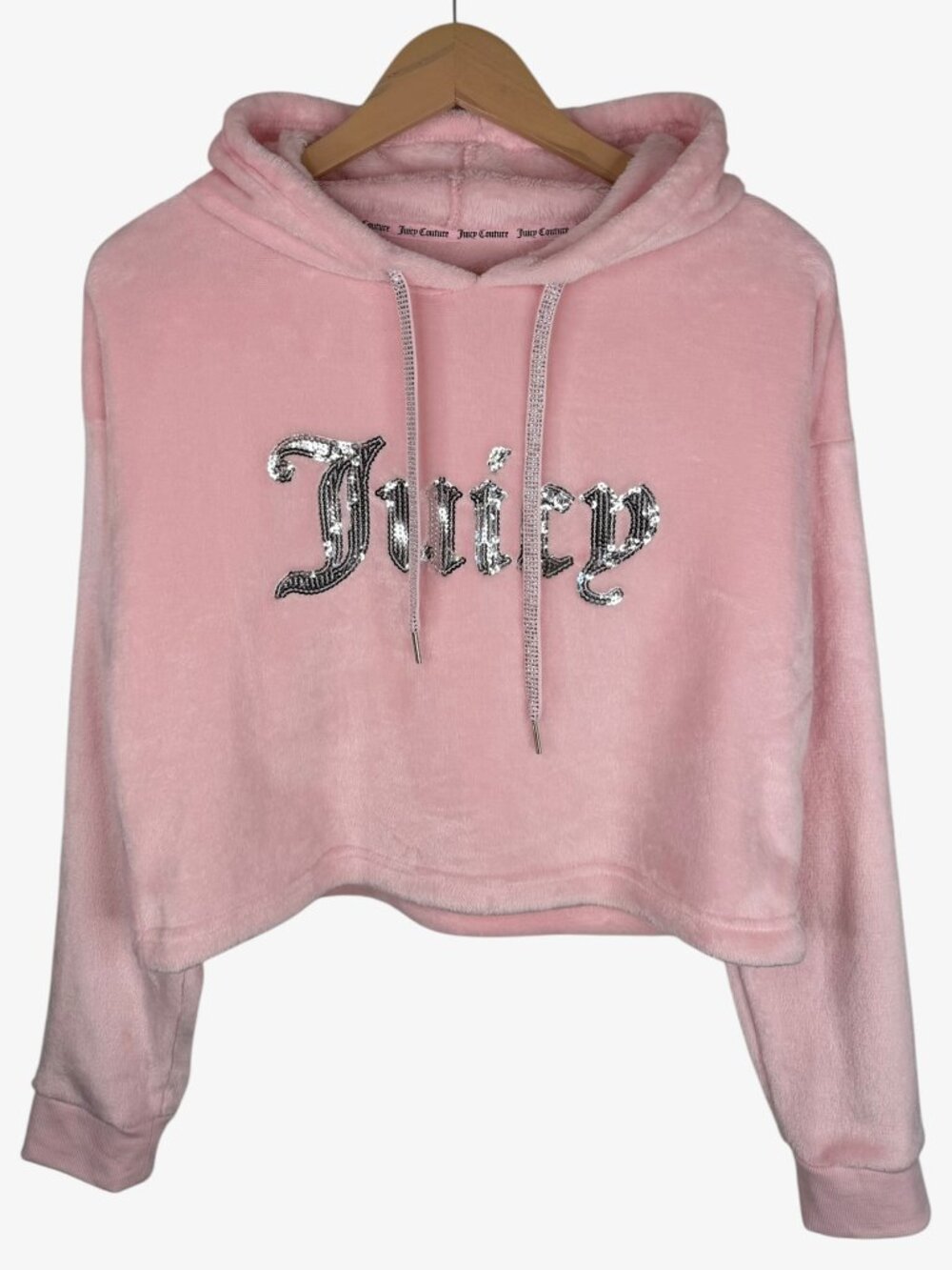 JUICY COUTURE SLEEPWEAR Rhinestone Sequin Velour Hoodie - Pink - Size M